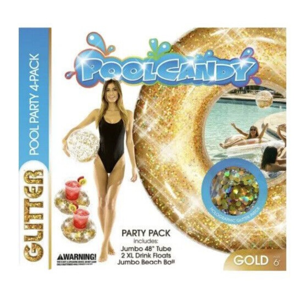 New PoolCandy Glitter Pool Party 4 Pack 4ft Tube Beach Ball 2xl Drink Floats